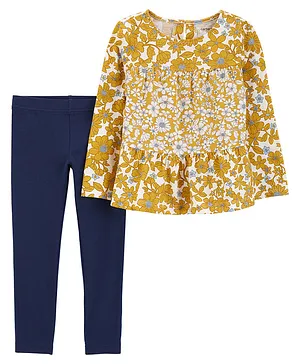 Carter's Cotton Full Sleeves Floral Printed Top & Leggings Set - Mustard & Navy Blue