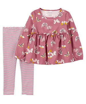 Carter's Cotton Full Sleeves Butterfly Printed Top & Leggings Set - Pink