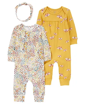 Carter's Cotton Full Sleeves Rompers with Headband Pack of 2 - Mustard