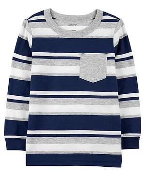 Carter's 60% Cotton & 40% Polyester Jersey Striped Full Sleeves T-Shirt - Navy Blue