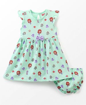 Babyhug 100% Cotton Knit Short Sleeves Floral Printed Frock with Bloomer and Bow Applique - Mint Green