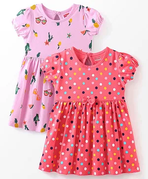 Babyhug 100% Cotton Knit Half Sleeves Frock With Floral & Dot Print Pack of 2- Pink