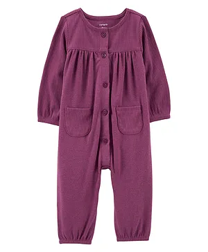 Carter's Cotton Knit Full Sleeves Front Open Solid Jumpsuit - Purple