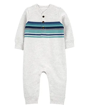 Carter's Cotton Knit Full Sleeves Striped Jumpsuit - Grey