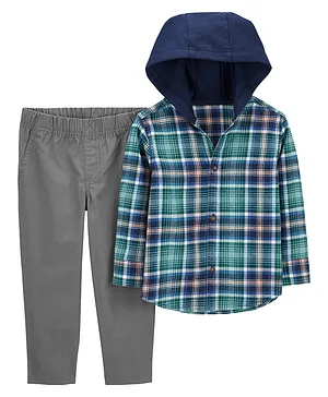 Carter's 2-Piece Plaid Hooded Button-Front & Pant Set - Blue Grey & Green