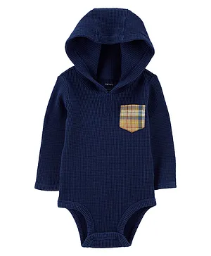 Carter's Cotton Knit Full Sleeves Hooded Solid Onesie - Navy Blue