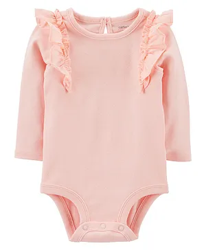 Carter's Cotton Knit Full Sleeves Solid Onesie with Frill Details - Coral Pink