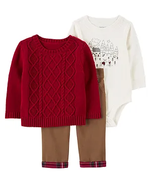 Carter's 3-Piece Sweater & Pant Outfit Set - White Red & Brown