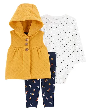 Carter's Cotton Knit Full Sleeves Onesie & Pajama Set with Jacket Floral Print - Yellow White & Blue