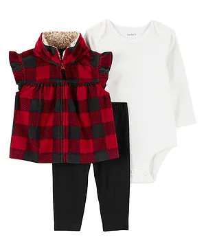 Carter's 3-Piece Plaid Fleece Little Vest Set - Red White & Black