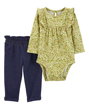 Carter's Cotton Knit Full Sleeves Onesie & Pajama Set Floral Print - Green & Navy Blue