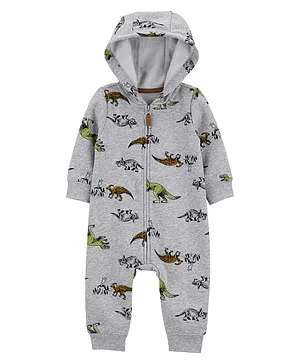 Carter's Cotton Knit Full Sleeves Dino Printed Hooded Romper - Grey