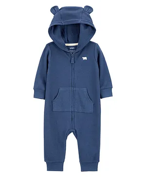 Carter's Cotton Knit Full Sleeves Solid Hooded Romper - Blue