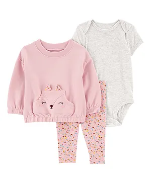 Carter's Cotton Knit Half Sleeves Fox Printed Onesie with Leggings & T-Shirt - Pink & Grey