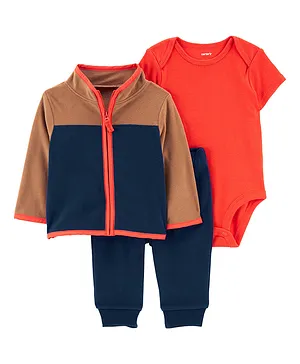 Carter's Cotton Knit Half Sleeves Solid Onesie with Pajama & Jacket - Navy & Orange