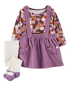 Carter's Knitted Full Sleeves Top & Skirt Set with Stockings & Floral Print - Purple