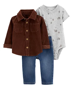 Carter's Cotton Knit Half Sleeves Squirrel Printed Onesie with Jeans & Shirt - Brown Grey & Blue