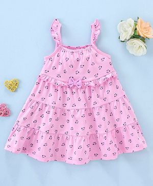 Babyhug 100% Cotton Knit Sleeveless Frock Floral Print with Bow Applique - Pink