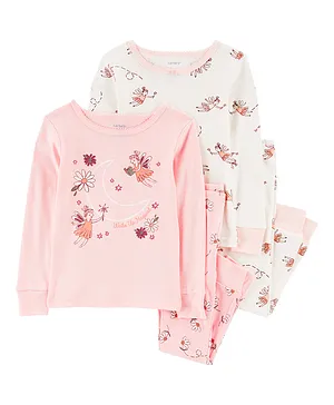 Carter's Cotton Knit Full Sleeves Night Suit Fairies Print Pack of 2 - Pink & White