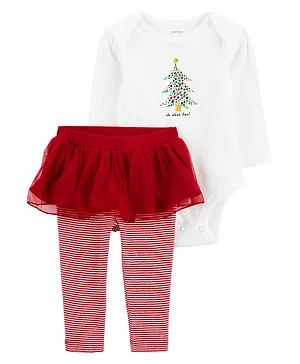 Carter's Cotton Knit Full Sleeves Tree Printed Onesie with Leggings - Red & White