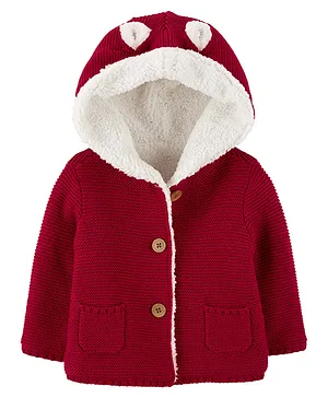 Carter's Full Sleeves Hooded Sherpa Lined Cardigan - Red