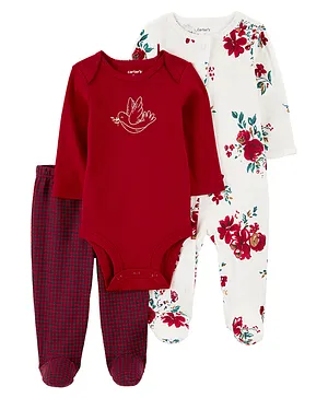 Carter's Baby 3-Piece Maroon Floral Pajama Set - Red Maroon & White