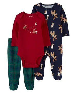 Carter's Baby 3-Piece Navy Reindeer Holiday Pajama Set  - Red Navy & Green