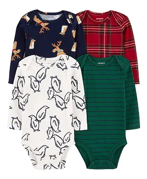 Carter's Cotton Knit Full Sleeves Birds Printed Onesies Pack of 4 - Multicolour