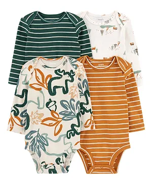 Carter's Cotton Knit Full Sleeves Striped Onesies with Deer Print Pack of 4 - Multicolour