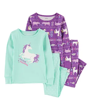 Carter's Cotton Knit Full Sleeves Night Suit Unicorn Print Pack of 2 - Purple & Blue