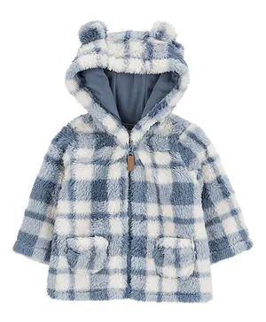 Carter's Full Sleeves Hooded Plaid Sherpa Cardigan Checkered - Blue