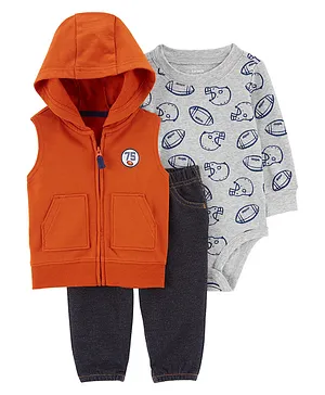 Carter's Cotton Knit Full Sleeves Rugby Printed Onesie with Pajama & Hoodie - Orange & Grey