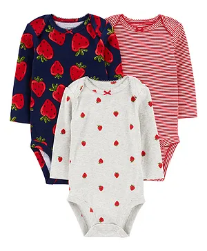 Carter's Cotton Knit Full Sleeves Fruity Printed Onesies Pack of 3 - Blue Red & White