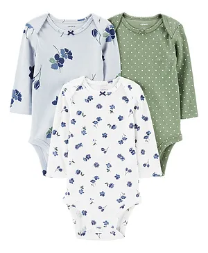 Carter's Cotton Knit Full Sleeves Floral Printed Onesies Pack of 3 - Blue Green & White