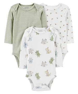 Carter's Cotton Knit Full Sleeves Striped Onesies Pack of 3 - Green & White