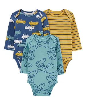 Carter's Cotton Knit Full Sleeves Cars Printed Onesies Pack of 3 - Blue & Yellow