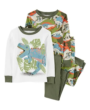 Carter's Cotton Knit Full Sleeves Night Suit Dino Print Pack of 2 - Green & White