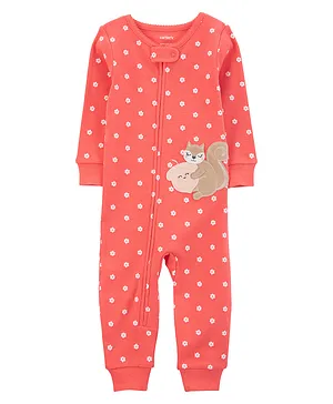Carter's Cotton Knit Full Sleeves Polka Dots Printed Sleep Suit with Squirrel Applique - Peach