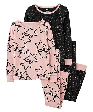 Carter's Cotton Knit Full Sleeves Night Suit Stars Print Pack of 2 - Pink & Black