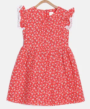 Aomi Short Frill Sleeves Ditsy Floral Print Lace Accent Detail Dress - Red