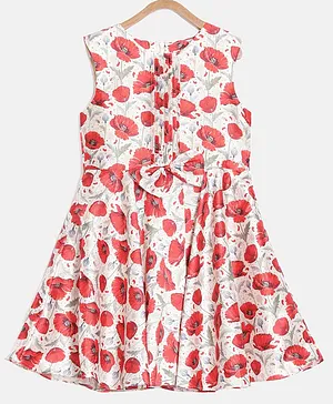 Aomi Sleeveless All Over Vintage Pione Printed Pintucked Yoke Detailed Fit & Flare Dress - Peach