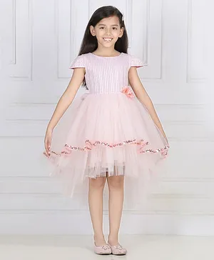 Toy Balloon Short Sleeves Striped Designed Bodice With Sequin & Rose Applique Embellished Mesh Layered High Low Dress - Light Peach
