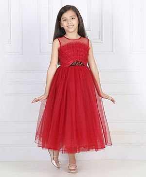 Toy Balloon Kids Sleeveless Sequin Embellished Pleated Bodices Styled Party Wear Dress - Maroon