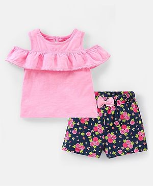 Babyhug 100% Cotton Sleeveless Frilled Top & Shorts Set Floral Print - Pink & Navy