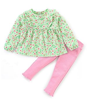 Babyhug 100% Cotton Knit Puffed Sleeves Floral Embroidered Top & Leggings Set Polka Dots Print - Light Green & Pink