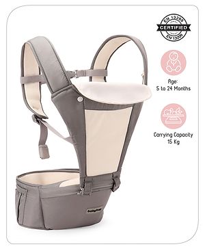 Babyhug Imperial 5-in-1 Baby Carrier with Hip Seat: Front, back & hip carrying positions, Adjustable head support, Padded straps, Breathable fabric, Pressure-relieving waist belt, Side storage pockets, Supports up to 15kg- Grey