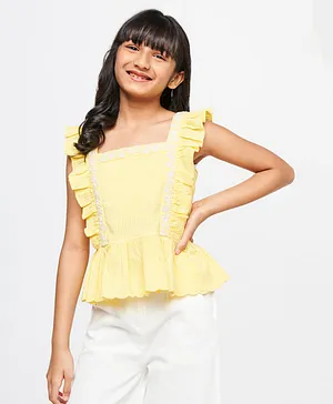 Global Desi Girl Frill Sleeves Embroidered Peplum Style Top - Yellow