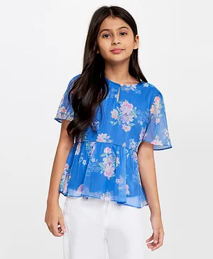 AND Girl Half Bell Sleeves All Over Floral Printed Peplum Top - Blue