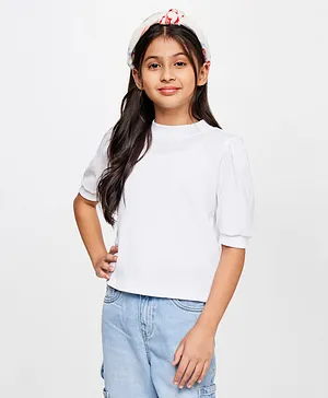AND Girl Half Puffed Sleeves Solid Top - White