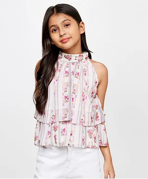 AND Girl Sleeveless Halter Neck Floral Printed Layered Top - Cream